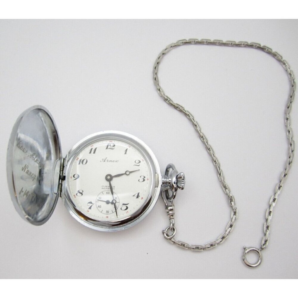 Vtg‎ Arnex 17 Jewel Incabloc Hand Wind Analog 37mm Hunter Pocket Watch (H171)